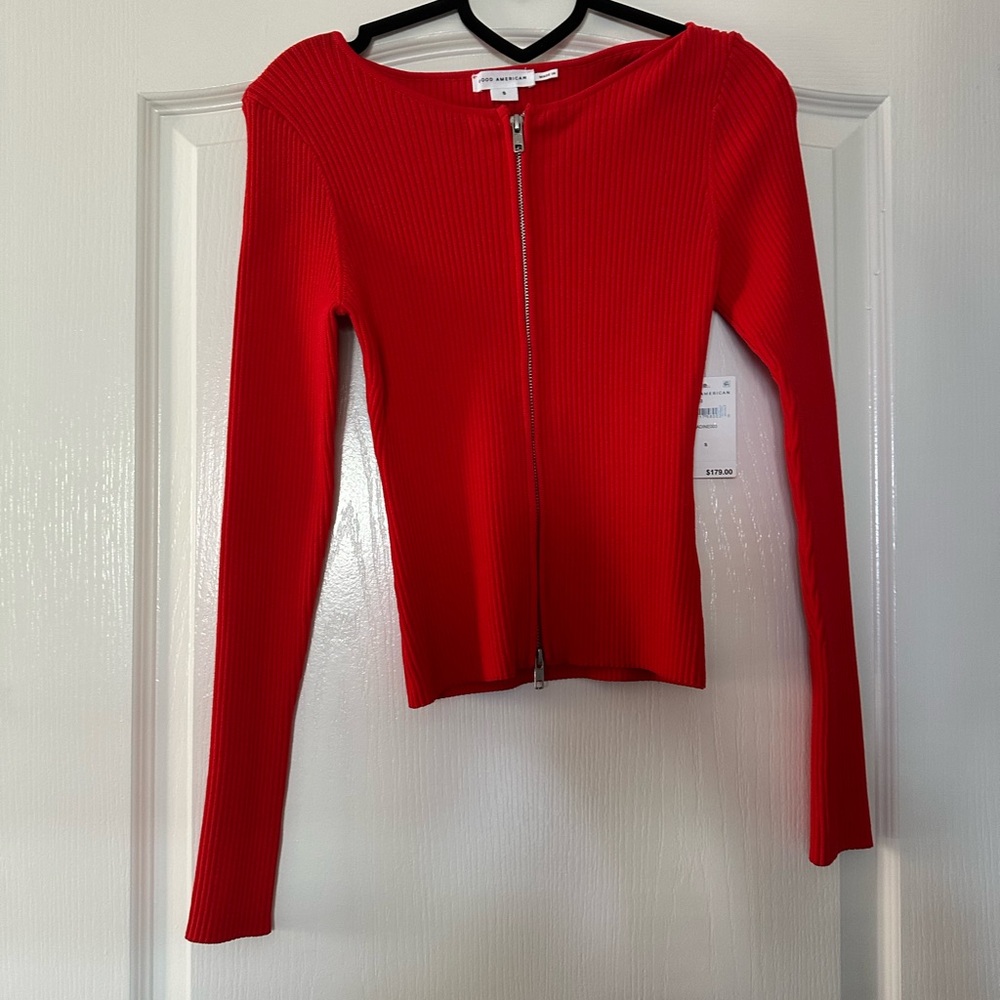 Good American Vibrant Red Ribbed Long Sleeve Top NWT